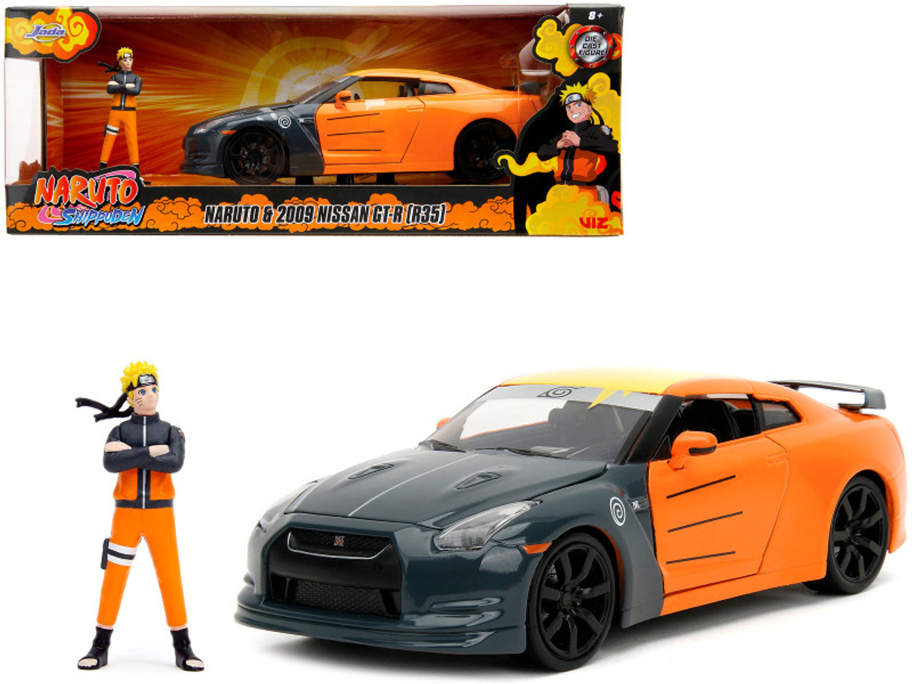 2009 Nissan GT-R R35 Orange and Dark Gray with Yellow Top and Graphics and  Naruto Diecast Figure Naruto Shippuden 2009 2017 TV Series Anime Hollywood  Rides Series 1/24 Diecast Model Car Jada 33691