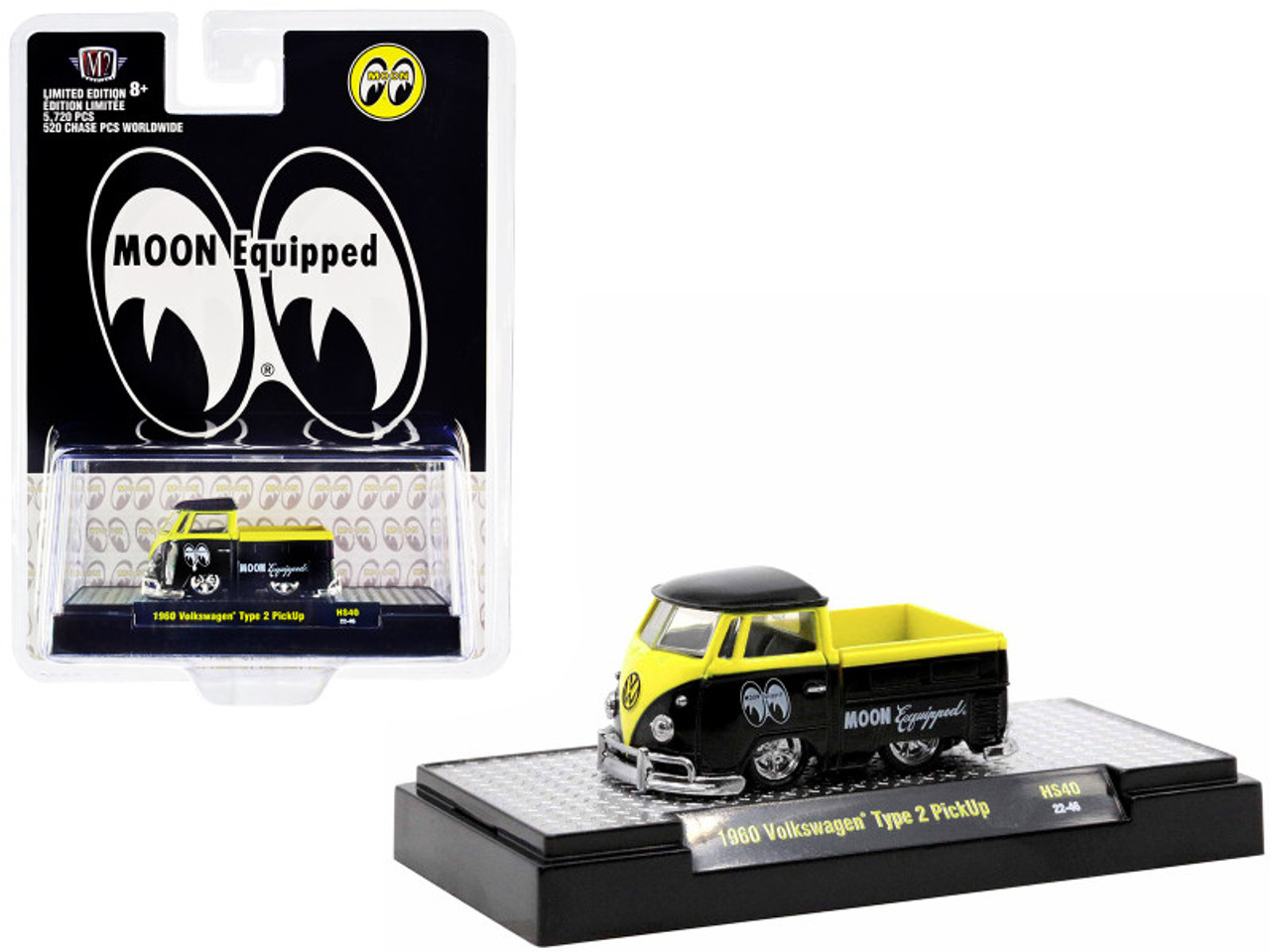1960 Volkswagen Type 2 Pickup Truck Black and Bright Yellow "Mooneyes: Moon Equipped" Limited Edition to 5720 pieces Worldwide 1/64 Diecast Model Car by M2 Machine