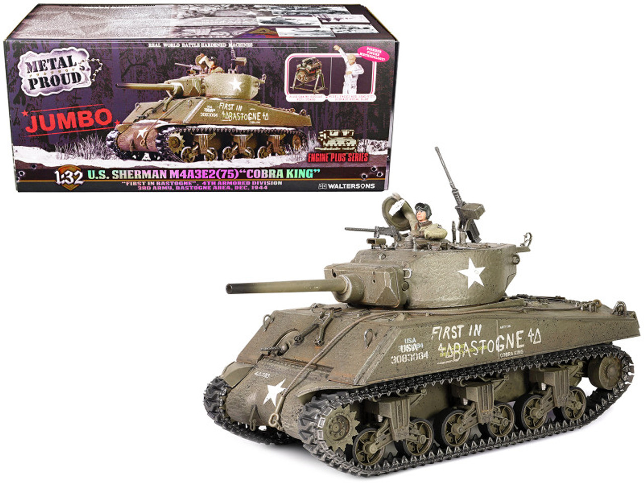 Sherman M4A3E2 (75) “Cobra King” Medium Tank “First in Bastogne” George Smith Patton’s 4th A.Div. 3rd Army Bastogne area (26 December 1944) "Engine Plus" Series 1/32 Diecast Model by Metal Proud