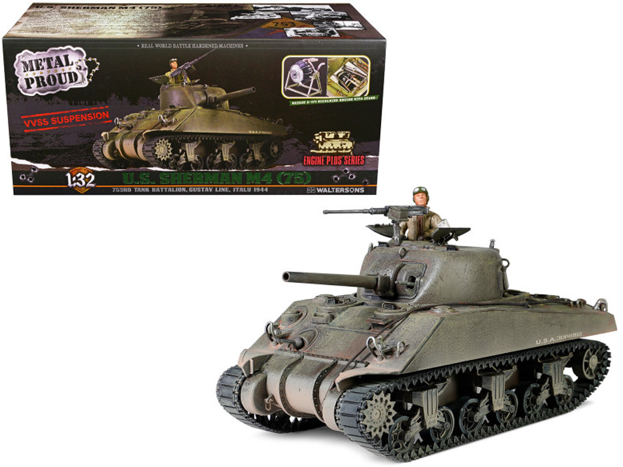 Sherman M4 (75) Medium Tank U.S. "753th Tank Battalion Gustav Line Italy" (1944) "Engine Plus" Series 1/32 Diecast Model by Metal Proud