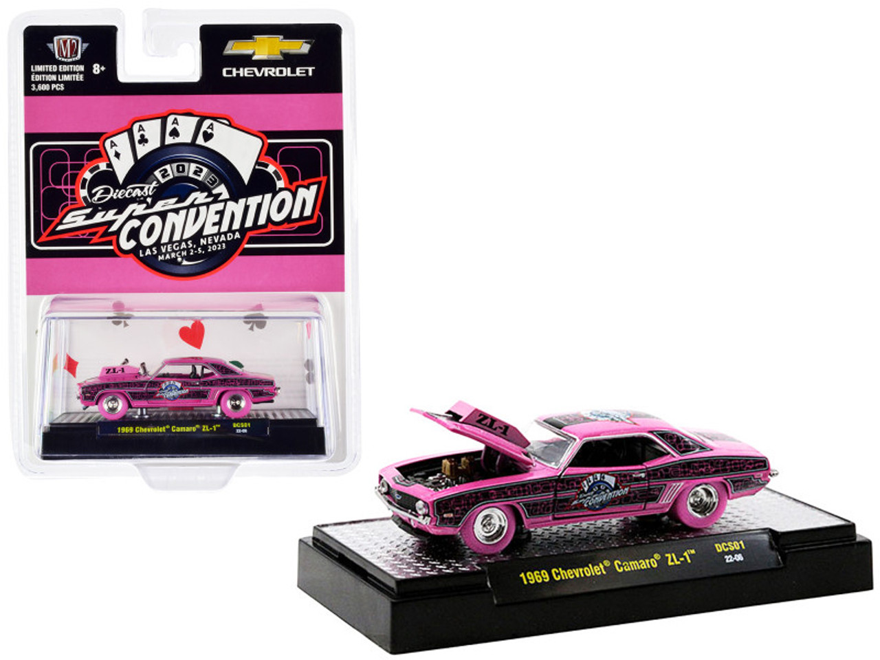 1969 Chevrolet Camaro ZL-1 Pink with Graphics "Diecast Super Convention" (2023) Exclusive Limited Edition to 3600 Pieces Worldwide 1/64 Diecast Model Car by M2 Machines