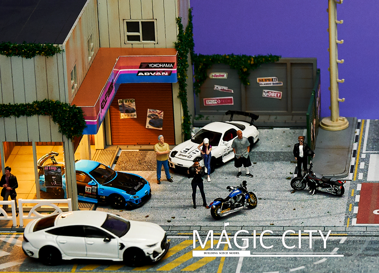 1/64 Magic City Japan Amemiya Car Repair Shop & Ampm Supermarket Scene Diorama (cars & models NOT included)