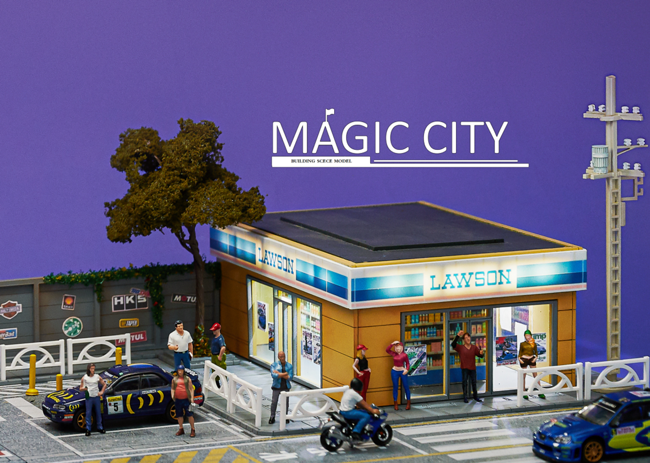 1/64 Magic City Subaru Car Repair Shop & Lawson Supermarket Scene Diorama (cars & models NOT included)