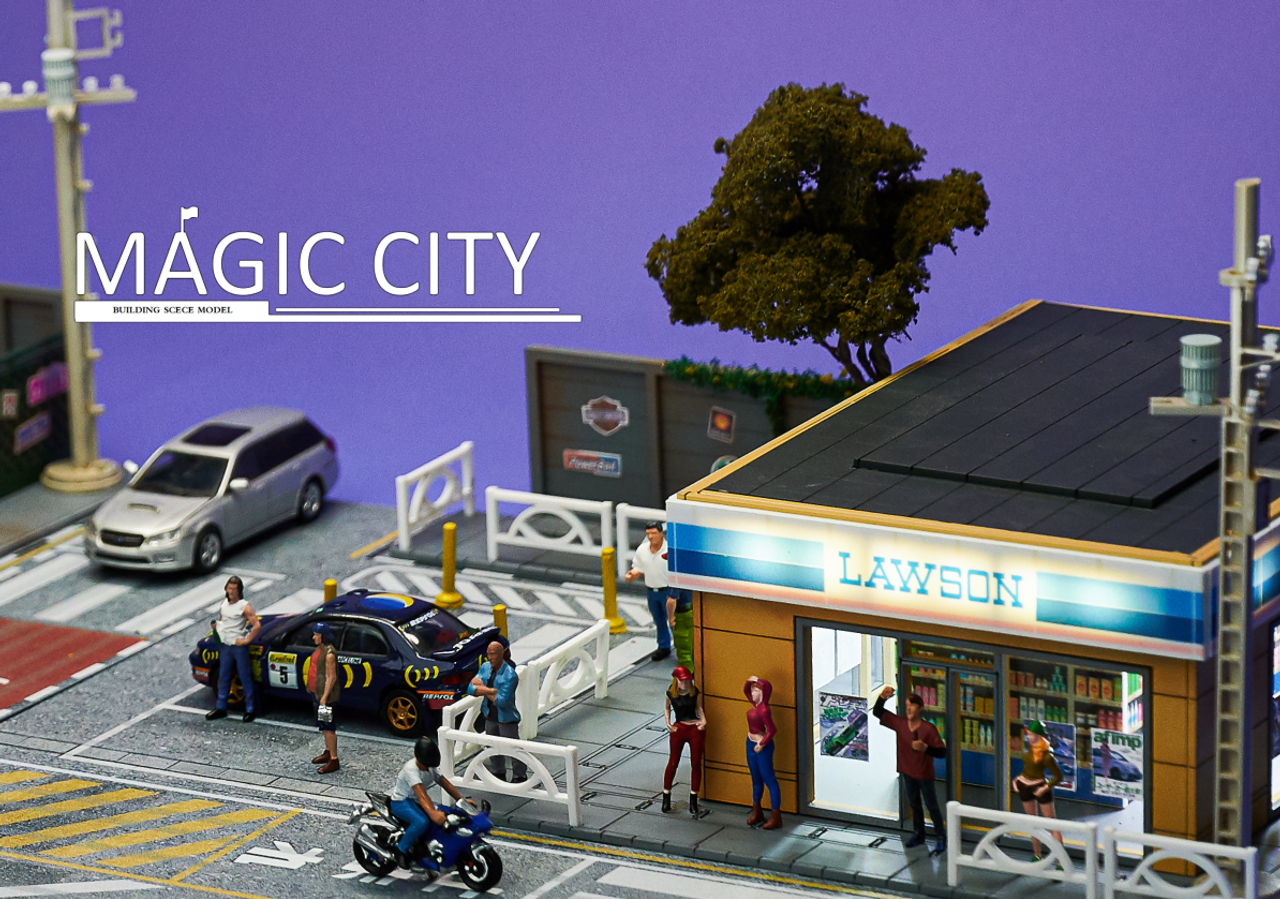 1/64 Magic City Subaru Car Repair Shop & Lawson Supermarket Scene Diorama (cars & models NOT included)