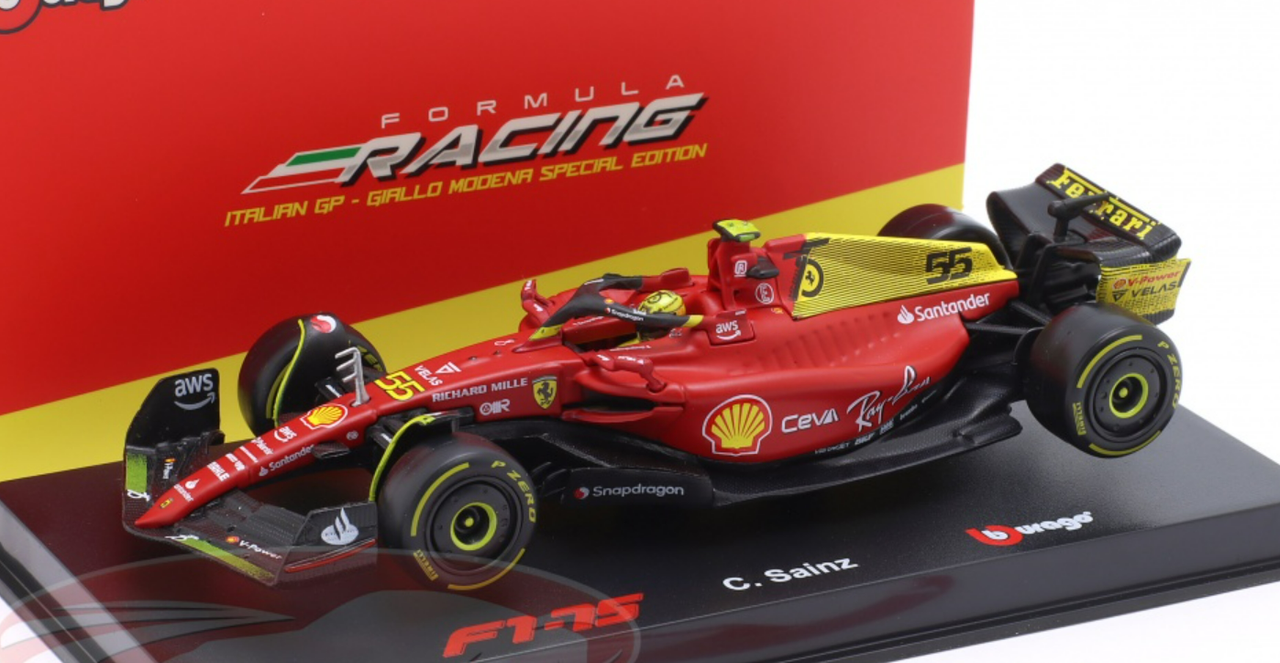 1/43 BBurago 2022 Formula 1 Carlos Sainz Jr. Ferrari F1-75 #55 4th Italian GP Elite Edition Car Model