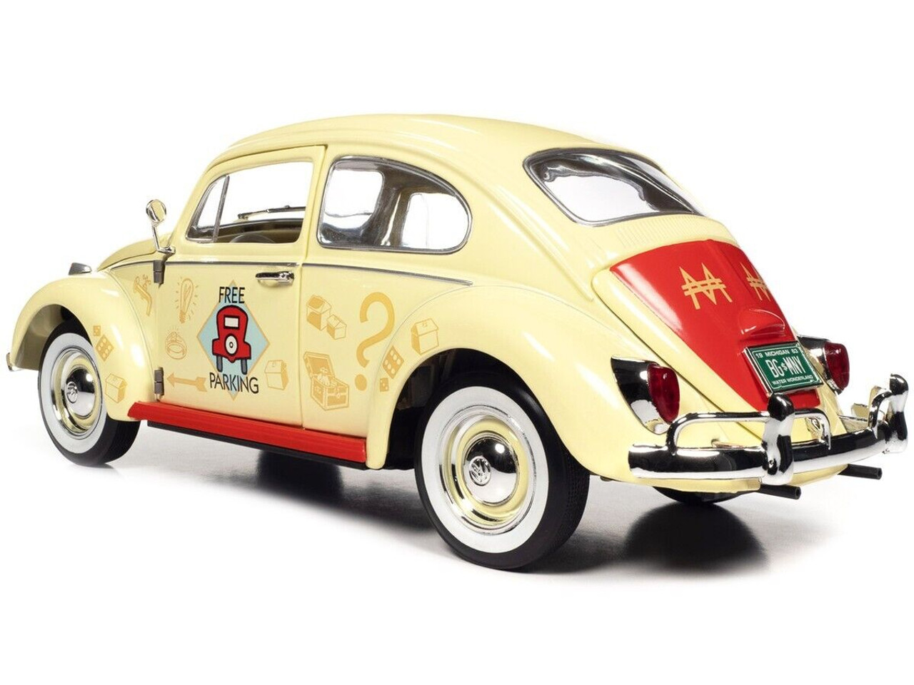 1/18 Auto World 1963 Volkswagen Beetle Yukon Yellow with "Monopoly" Graphics "Free Parking" and Mr. Monopoly Resin Figure Diecast Car Model
