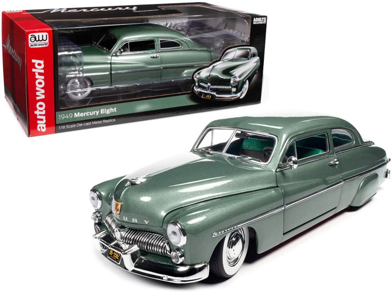 1/18 Auto World 1949 Mercury Eight Coupe Berwick Green Metallic with Green  and Gray Interior Diecast Car Model