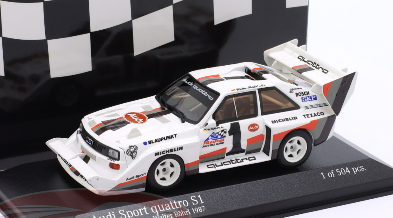 1/43 Minichamps 1987 Audi Sport Quattro S1 E2 #1 Winner Pikes Peak Audi Sport Team Walter Röhrl Car Model