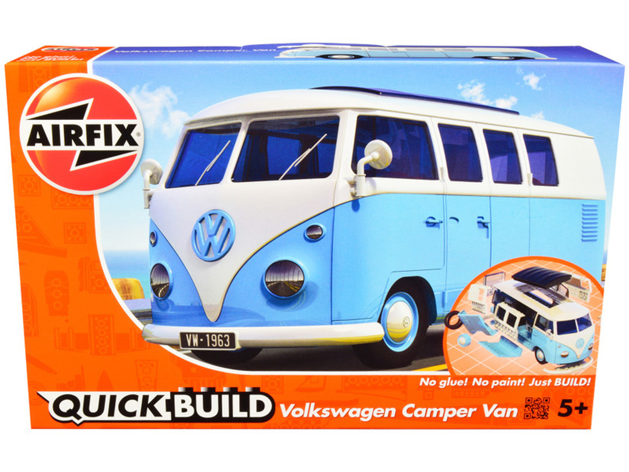 Skill 1 Model Kit Volkswagen Camper Van Blue Snap Together Model by Airfix Quickbuild