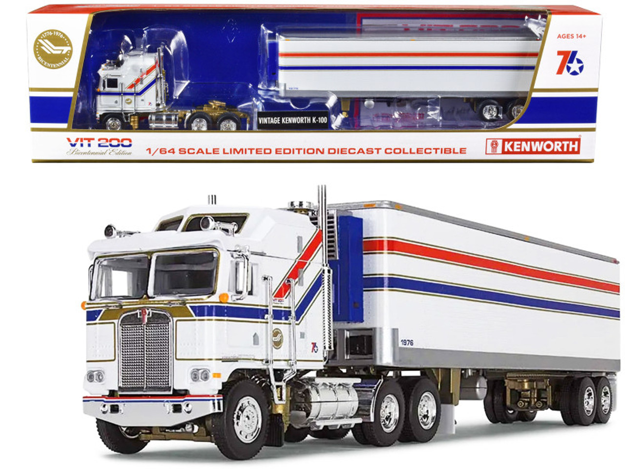 Kenworth K100 COE Aerodyne Sleeper and 40' Vintage Refrigerated Tandem-Axle  Trailer White with Stripes 