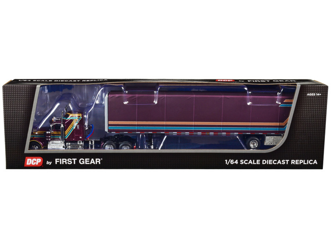 Kenworth W900A with 60" Aerodyne Sleeper and Utility 53' ABS Spread-Axle Roll Tarp Trailer Plum Purple with Stripes 1/64 Diecast Model by DCP/First Gear