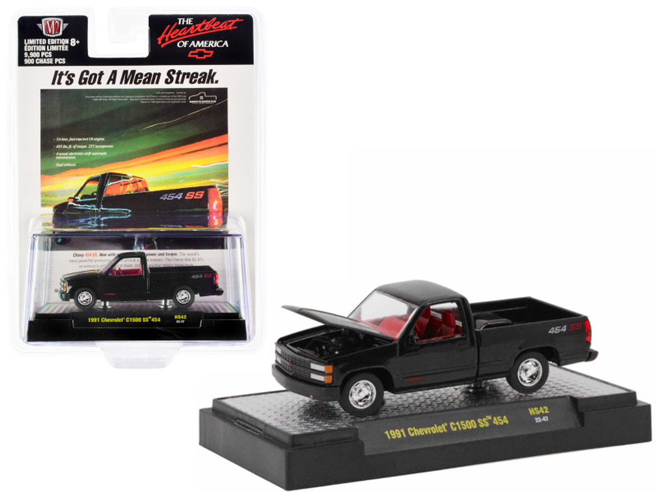 1991 Chevrolet C1500 SS 454 Pickup Truck Black with Red Interior "The Heartbeat of America - It's Got A Mean Streak" Limited Edition to 9900 pieces Worldwide 1/64 Diecast Model Car by M2 Machines