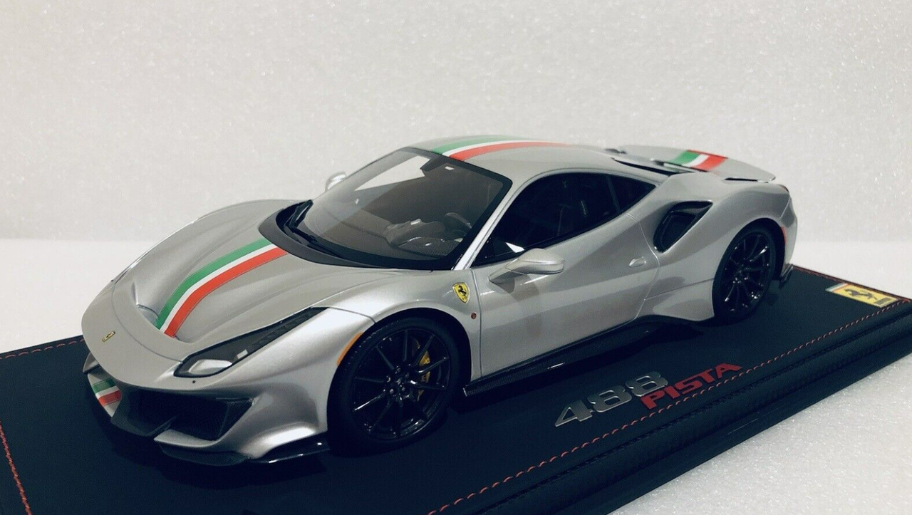 1/18 BBR Ferrari 488 Pista Nurburgring Silver with Italian Flag Stripe Resin Car Model Limited 24 Pieces