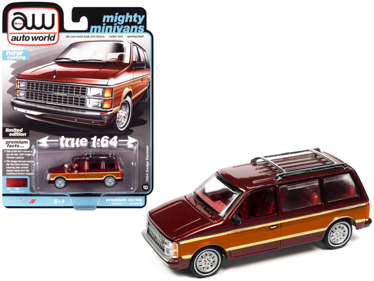 1/64 Auto World 1984 Dodge Caravan (Burgundy & Brown) Diecast Car Model