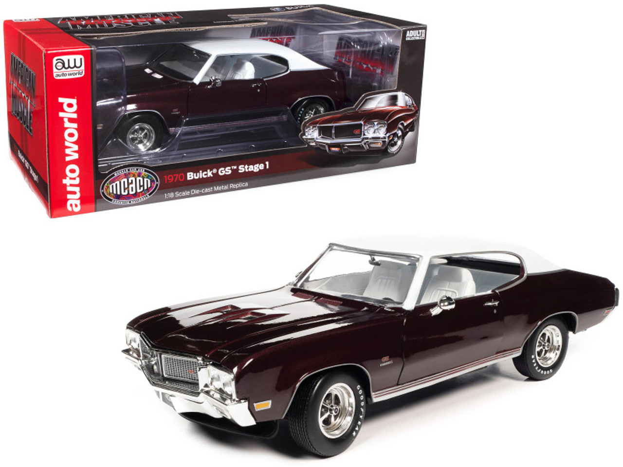 1970 Buick GS Stage 1 Burgundy Mist Metallic with White Top and Interior "Muscle Car & Corvette Nationals" (MCACN) 1/18 Diecast Model Car by Auto World