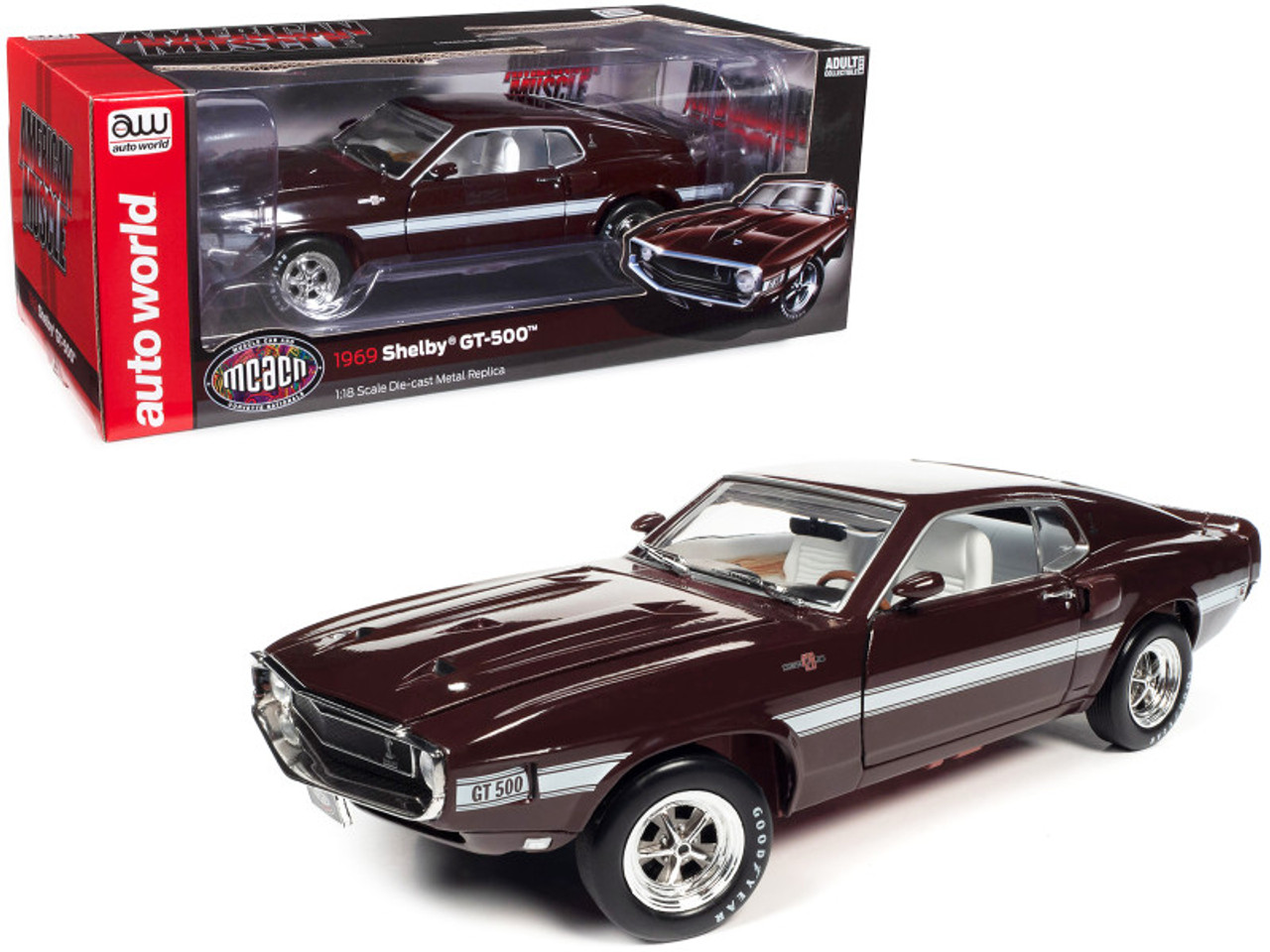 1969 Ford Shelby Mustang GT-500 Royal Maroon with White Stripes and Interior "Muscle Car & Corvette Nationals" (MCACN) 1/18 Diecast Model Car by Auto World