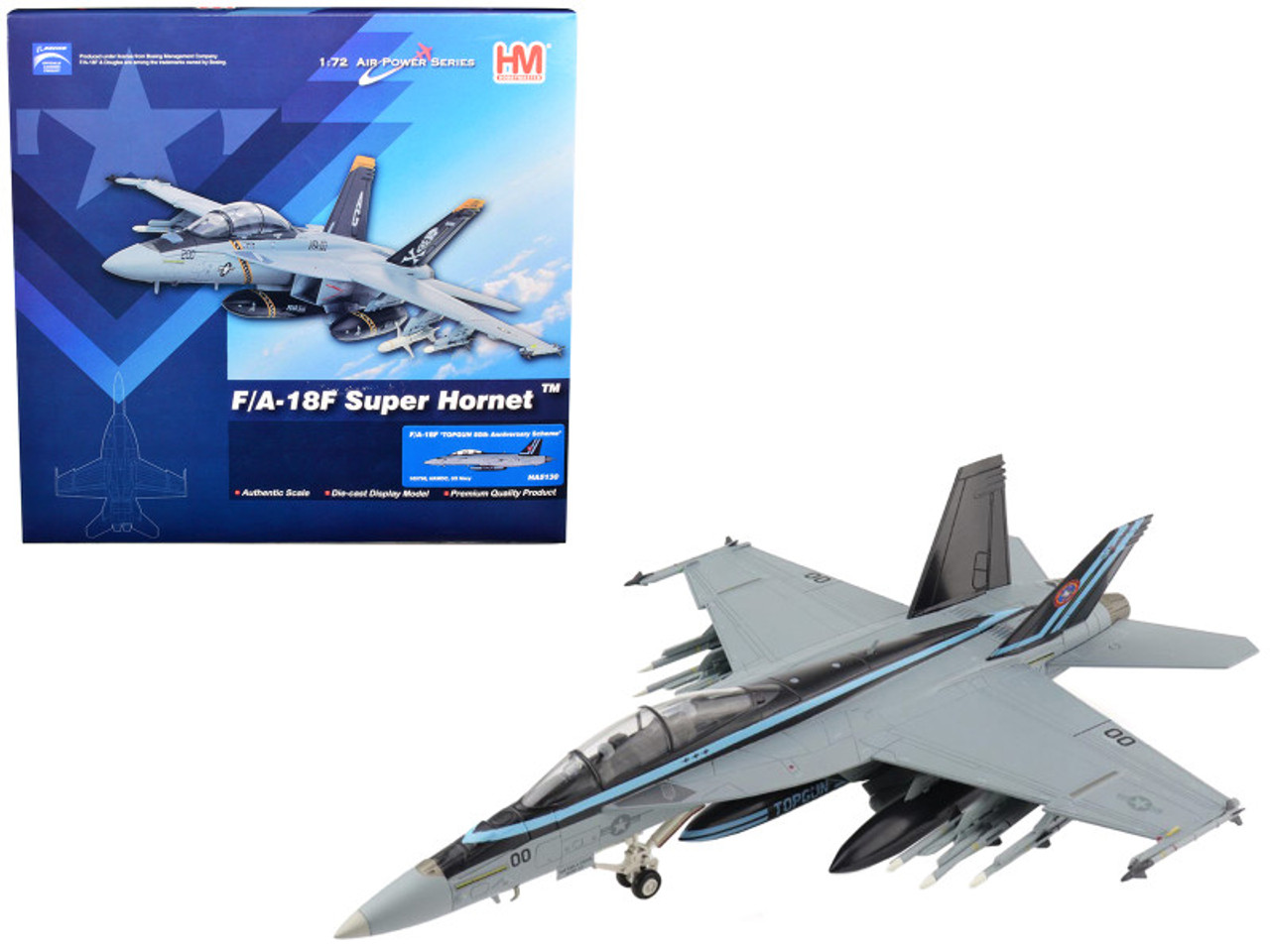 McDonnell Douglas F/A-18F Super Hornet Fighter Aircraft "TopGun 50th Anniversary Scheme" "NAWDC US Navy" "Air Power Series" 1/72 Diecast Model by Hobby Master