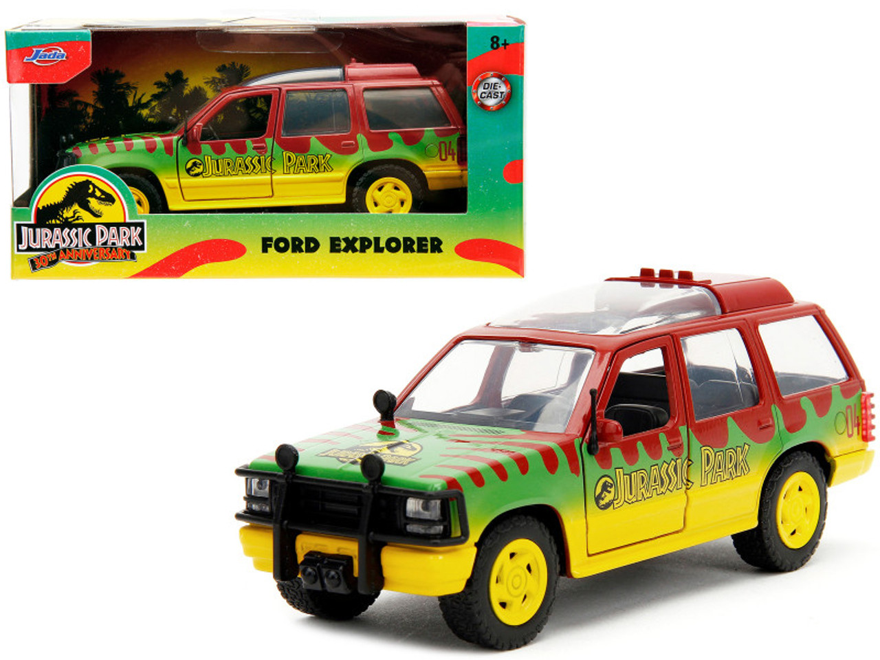 Ford Explorer Red and Yellow with Green Graphics "Jurassic Park" (1993) Movie 30th Anniversary "Hollywood Rides" Series 1/32 Diecast Model Car by Jada