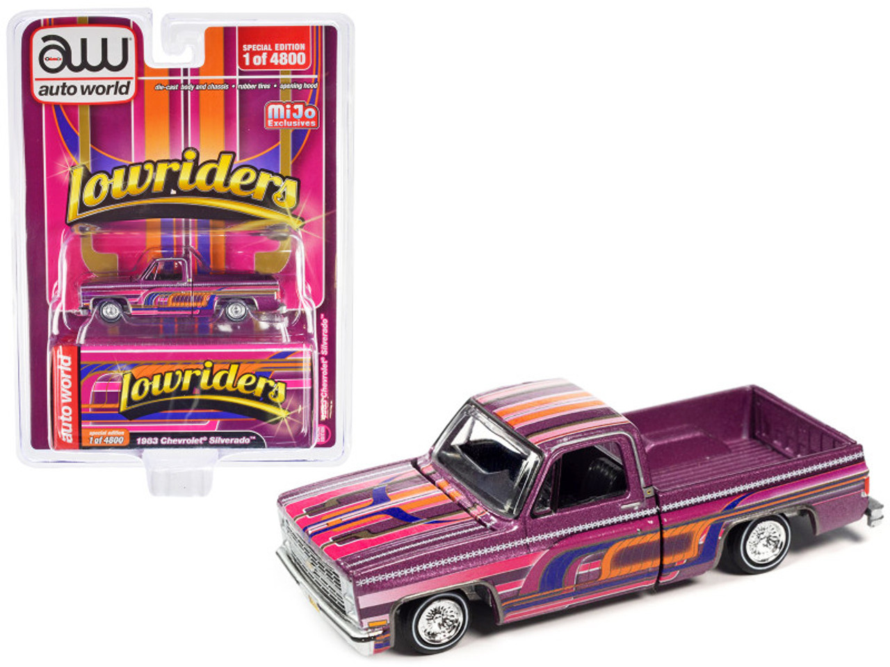 1983 Chevrolet Silverado Pickup Truck Purple Metallic with Graphics "Lowriders" Limited Edition to 4800 pieces Worldwide 1/64 Diecast Model Car by Auto World