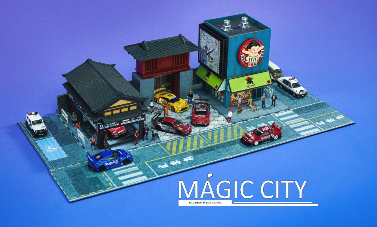 1/64 Magic City Japan Showa Architecture, Nismo Showroom, Japanese Sumo Hall Diorama (Car Models & Figures NOT Included)