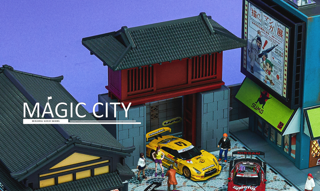 1/64 Magic City Japan Showa Architecture, Nismo Showroom, Japanese Sumo Hall Diorama (Car Models & Figures NOT Included)