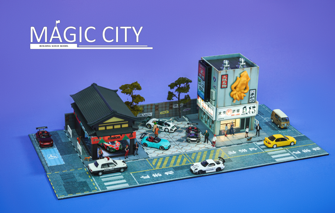 1/64 Magic City Japan Showa Architecture, Mazda Showroom, Japanese Squid Shop Diorama (Car Models & Figures NOT Included)