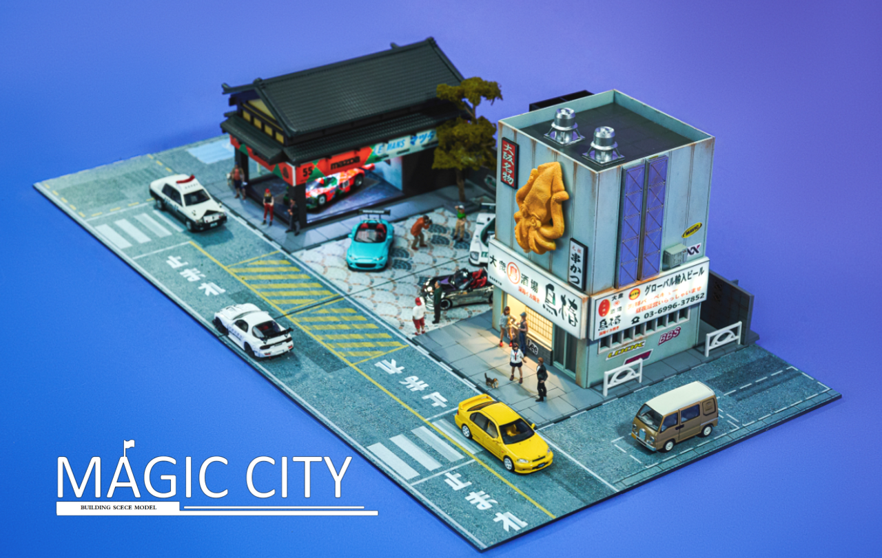 1/64 Magic City Japan Showa Architecture, Mazda Showroom, Japanese Squid Shop Diorama (Car Models & Figures NOT Included)