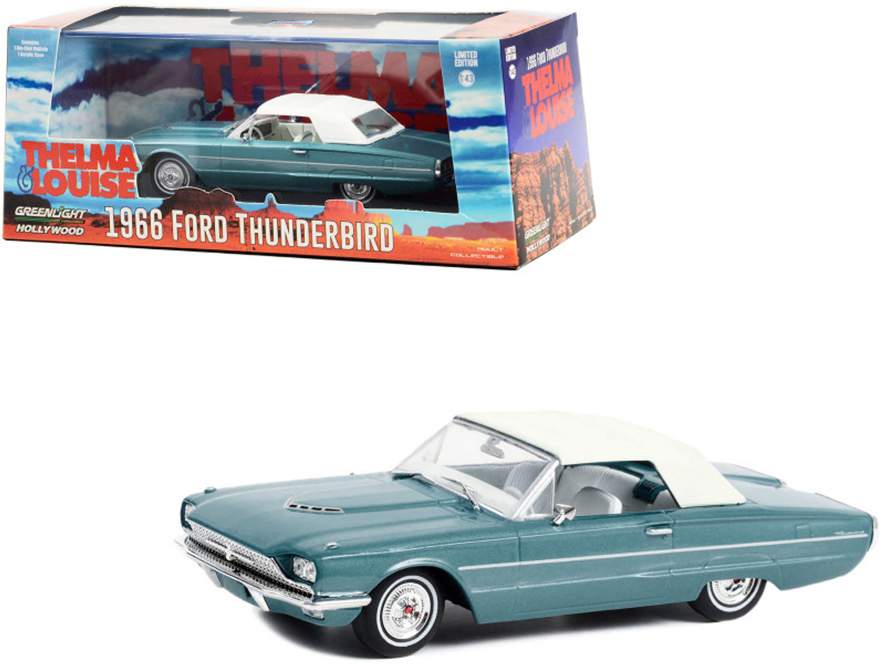 1966 Ford Thunderbird Convertible (Top-Up) Light Blue Metallic with White Interior "Thelma & Louise" (1991) Movie "Hollywood" Series 1/43 Diecast Model Car by Greenlight