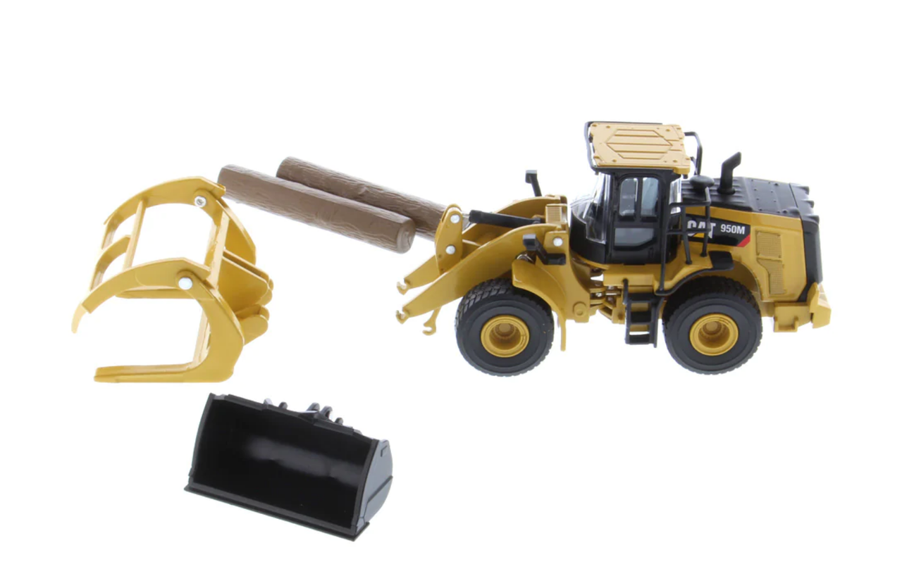 1/64 Diecast Masters Cat 950M Wheel Loader with Log Fork + Bucket Attachment (Comes with 2 Log Poles) Car Model