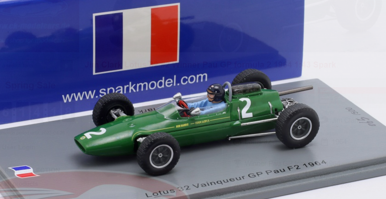 1/43 Spark 1964 Formula 2 Jim Clark Lotus 32 #2 Winner Pau GP Car Model