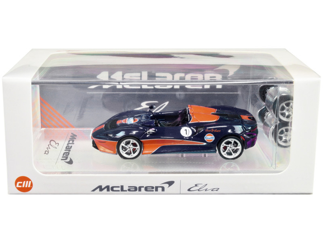 McLaren Elva Convertible #1 "Gulf Oil" Dark Blue with Orange Accents and Extra Wheels 1/64 Diecast Model Car by CM Models