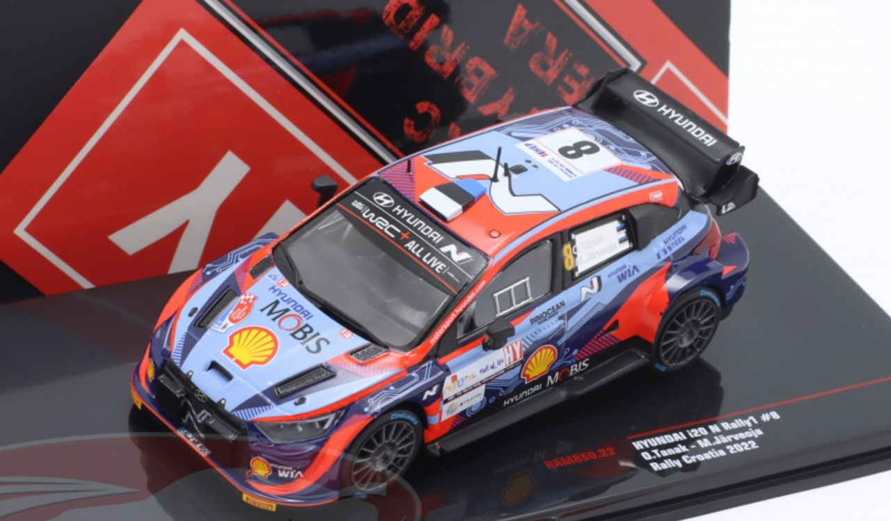 1/43 Ixo 2022 Hyundai i20 N Rally1 #8 2nd Rallye Croatia Hyundai Shell Mobis WRT Ott Tänak, Martin Järveoja Car Model