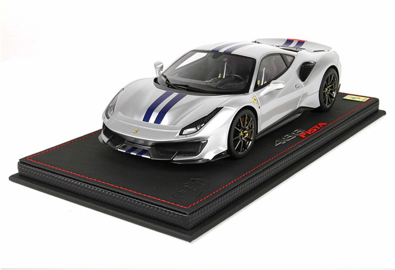 1/18 BBR Ferrari 488 Pista (Silver w/ Blue Stripe) Resin Car