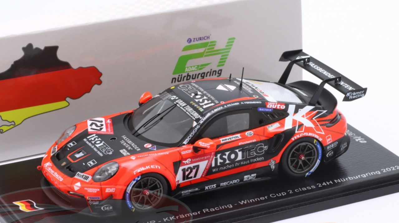 1/43 Spark 2022 Porsche 911 GT3 Cup #127 Winner Cup 2 24h Nürburgring KKrämer Racing Karsten Krämer, Christopher Brück, Moritz Kranz, Alexej Veremenko Car Model