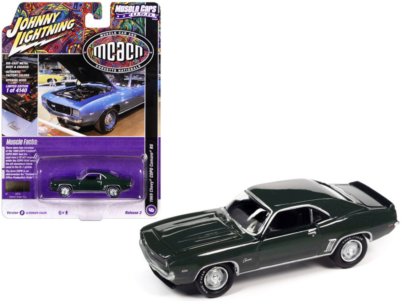 1969 Chevrolet COPO Camaro RS Fathom Green Metallic "MCACN (Muscle Car and Corvette Nationals)" Limited Edition to 4140 pieces Worldwide "Muscle Cars USA" Series 1/64 Diecast Model Car by Johnny Lightning