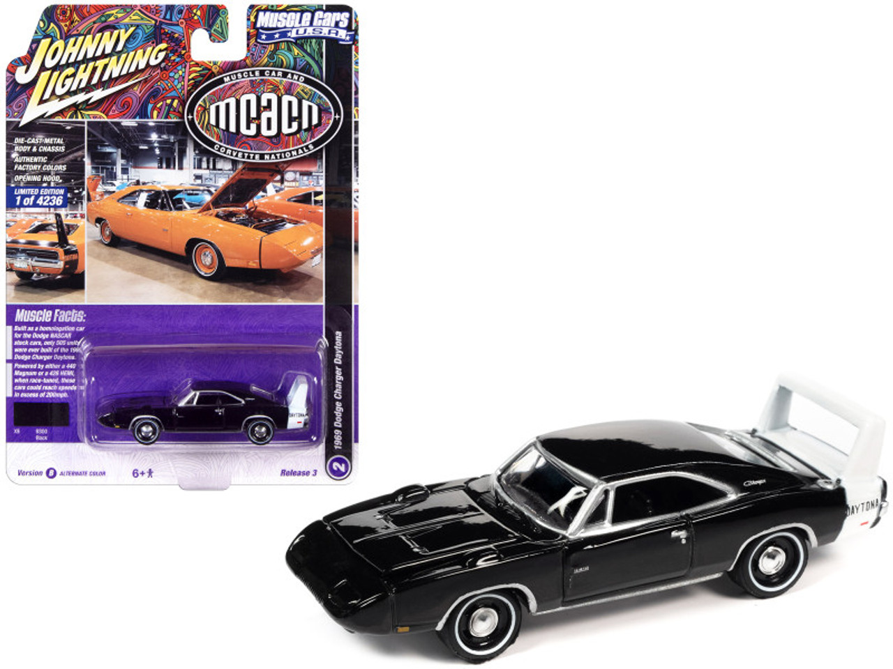 1969 Dodge Charger Daytona Black with White Tail Stripe "MCACN (Muscle Car and Corvette Nationals)" Limited Edition to 4236 pieces Worldwide "Muscle Cars USA" Series 1/64 Diecast Model Car by Johnny Lightning