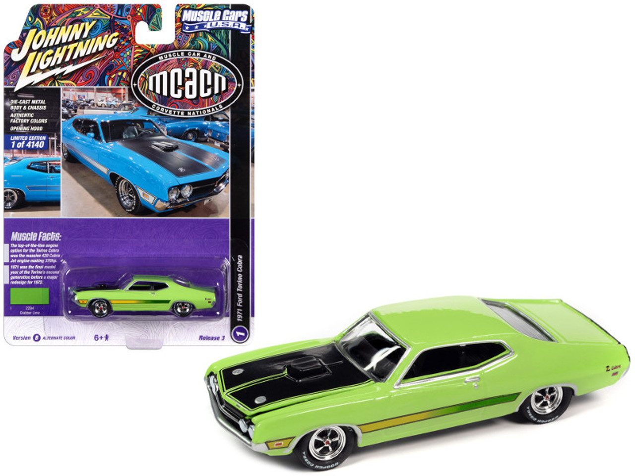 1971 Ford Torino Cobra Grabber Lime Green with Stripes "MCACN (Muscle Car and Corvette Nationals)" Limited Edition to 4140 pieces Worldwide "Muscle Cars USA" Series 1/64 Diecast Model Car by Johnny Lightning