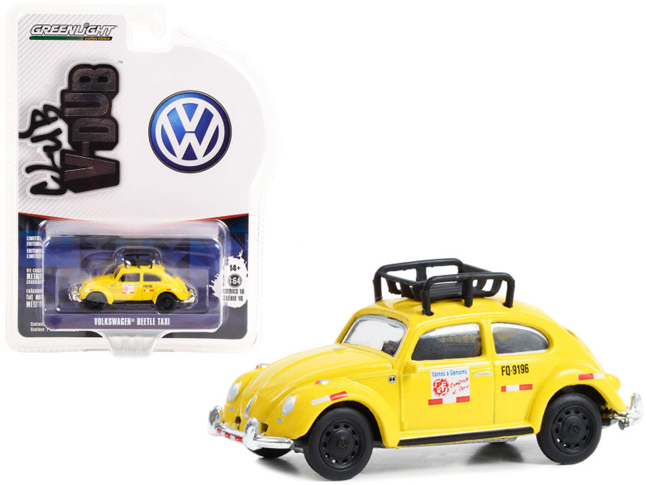 Volkswagen Beetle Taxi Lima Peru Yellow with Roof Rack Club Vee V-Dub  Series 16 1/64 Diecast Model Car by Greenlight