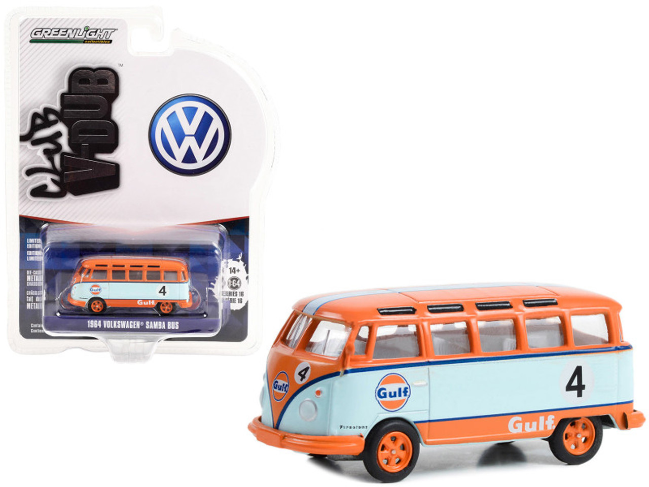 1964 Volkswagen Samba Bus #4 Light Blue and Orange "Gulf Oil Racing" "Club Vee V-Dub" Series 16 1/64 Diecast Model Car by Greenlight