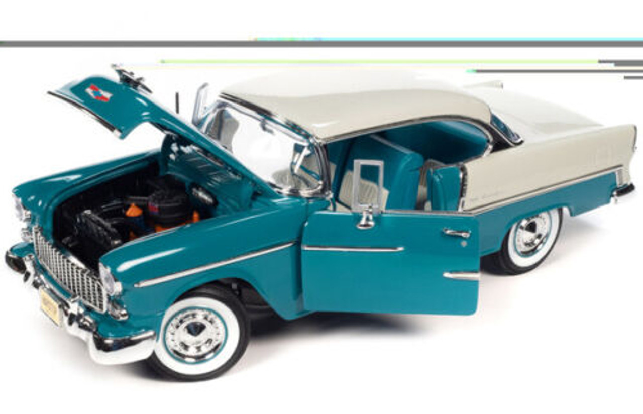 1/18 Auto World 1955 Chevrolet Bel Air Skyline Blue and India Ivory White Diecast Car Model