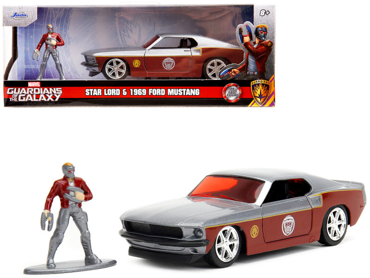 1969 Ford Mustang Silver Metallic and Dark Red and Star Lord Diecast Figure "Marvel Guardians of the Galaxy" "Hollywood Rides" Series 1/32 Diecast Model Car by Jada