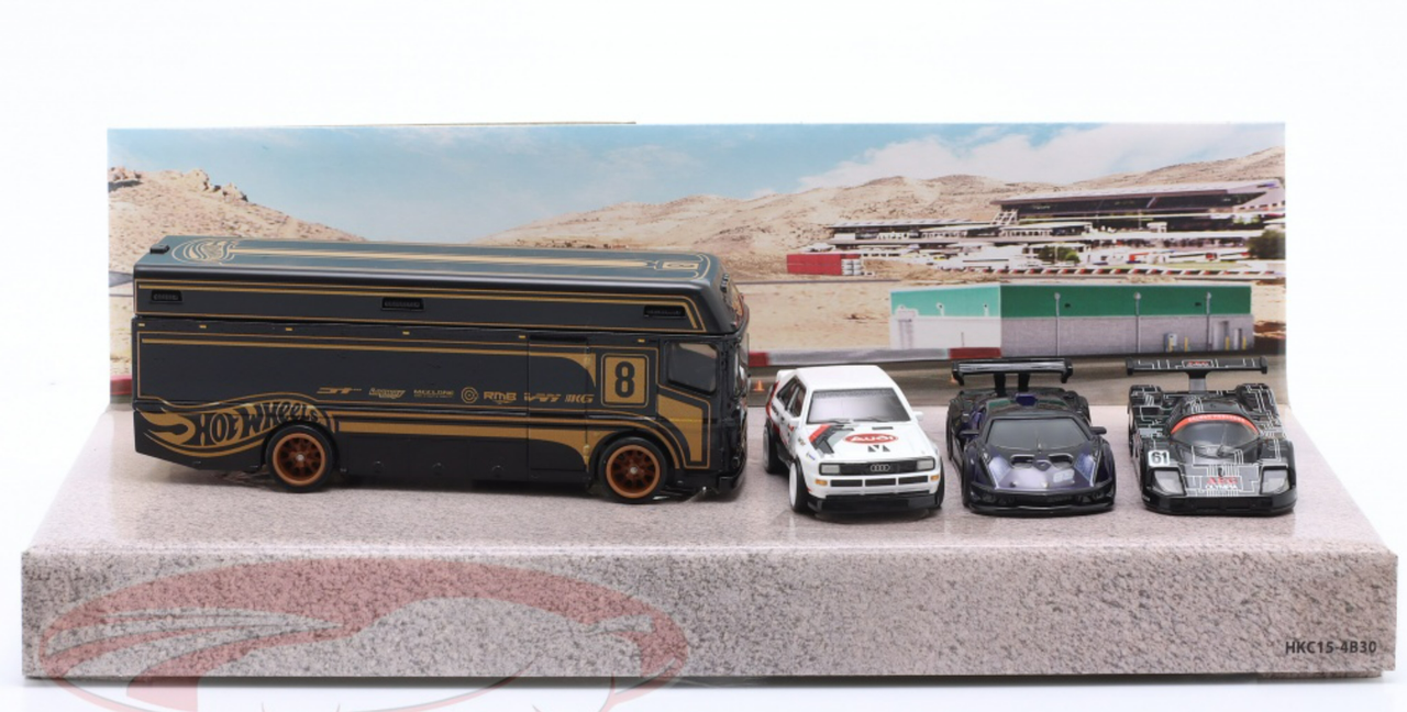 1/64 Hot Wheels 4-Car Set Track Day #13 Euro Hauler with Audi Sport quattro, Lamborghini Essenza SCV12, Sauber-Mercedes C9 Car Models