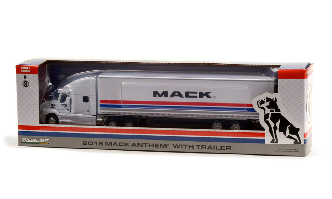 1/64 Greenlight 2018 Mack Anthem with Trailer White with Stripes Car Model