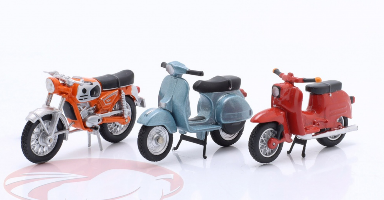 1/43 Schuco 3 Motorcycles Set: Simson Schwalbe, Vespa PX, Zündapp KS 50 WC