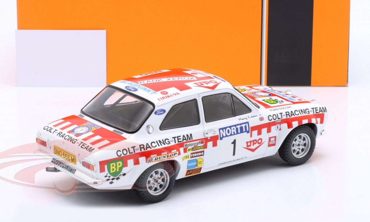 1/18 Ixo 1974 Ford Escort RS 1600 MK I #1 2nd Rallye 1000 Lakes Timo Mäkinen, Henry Liddon Car Model