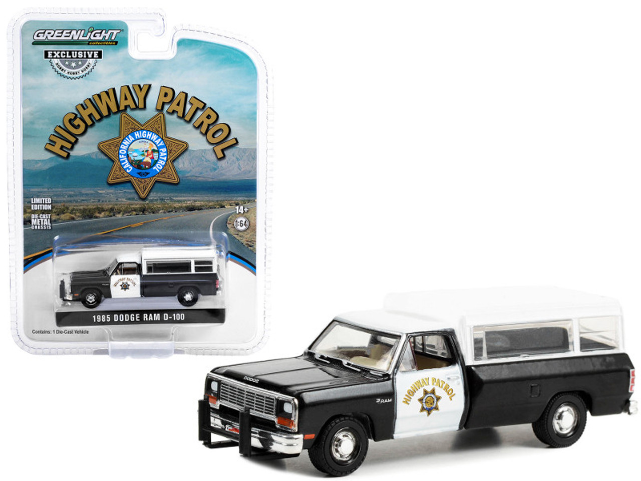 1985 Dodge Ram D-100 Pickup Truck Black and White "California Highway Patrol" with Camper Shell "Hobby Exclusive" Series 1/64 Diecast Model Car by Greenlight