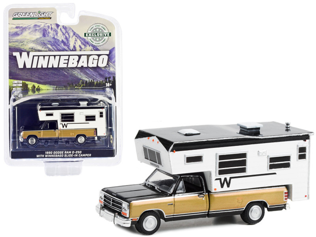 1990 Dodge Ram D-250 Royal Pickup Truck Black and Sand Metallic with Winnebago Slide-In Camper "Hobby Exclusive" Series 1/64 Diecast Model Car by Greenlight