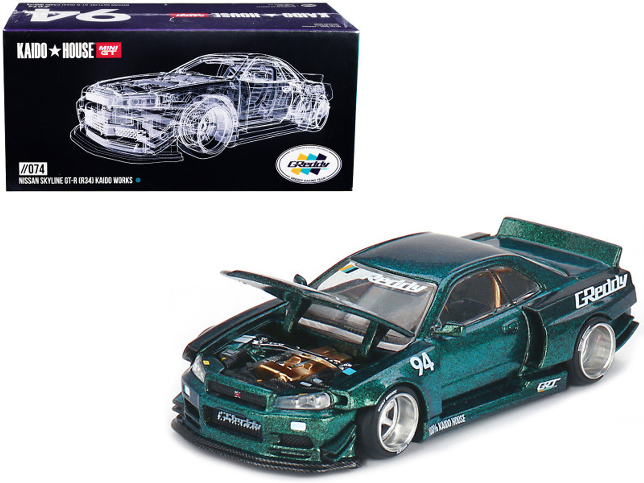 1/64 MINI GT Nissan Skyline GT-R (R34) Kaido Works GReddy V1