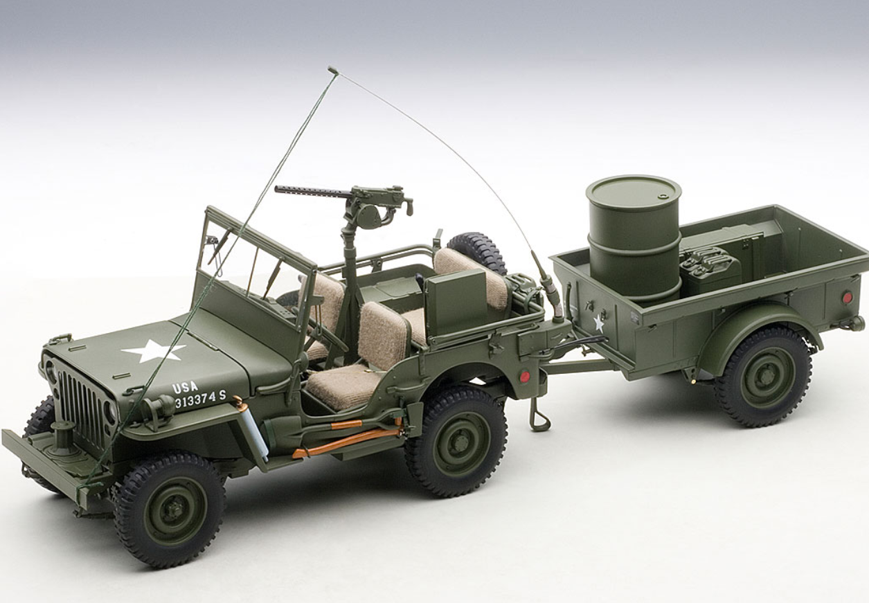 1/18 AUTOart JEEP WILLYS (ARMY GREEN)(WITH TRAILER/ACCESSORIES INCLUDED) Diecast Car Model 74016