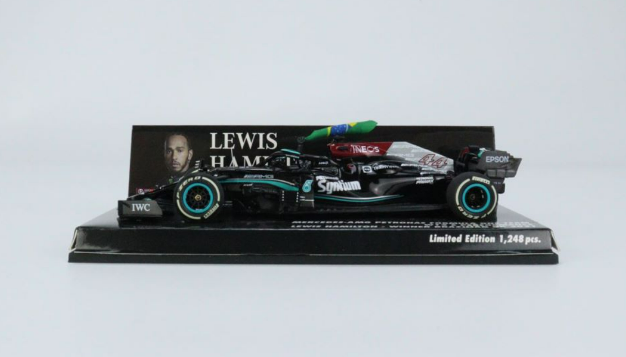1/43 Minichamps 2021 Formula 1 Mercedes-AMG Petronas Formula 1 Team W12 E Lewis Hamilton Winner Brazil GP Car Model